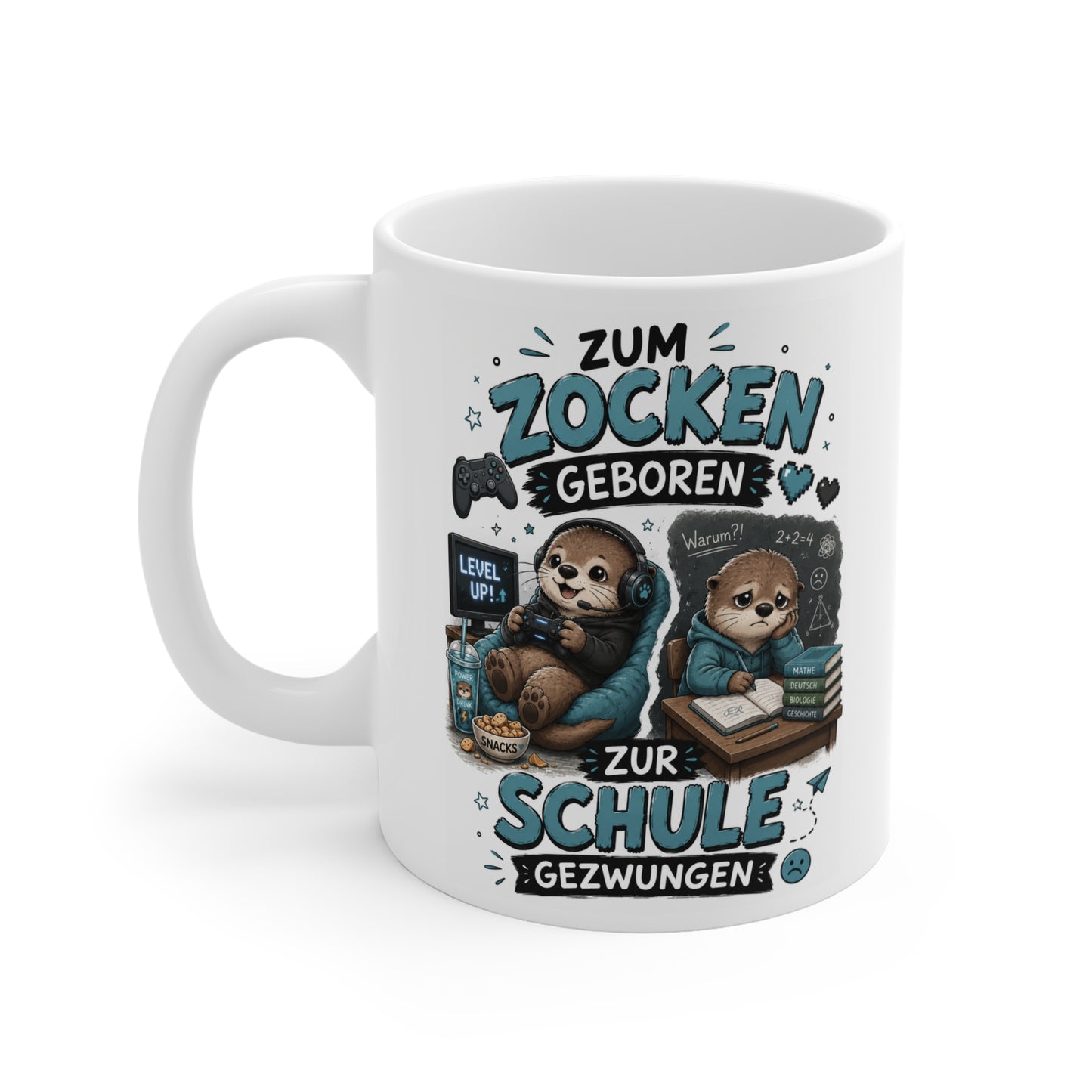 Keramiktasse mit niedlichem Otter Gamer, Controller, Snacks und lustigem Schulmotiv in Blau
