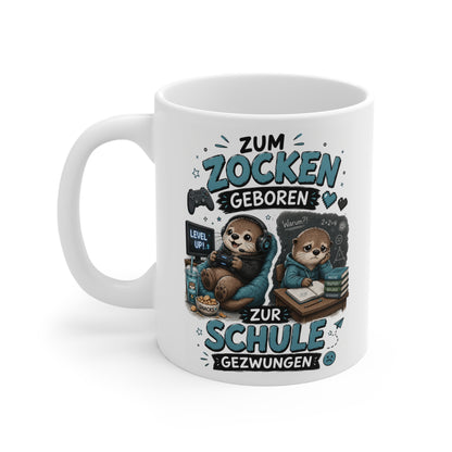 Keramiktasse mit niedlichem Otter Gamer, Controller, Snacks und lustigem Schulmotiv in Blau