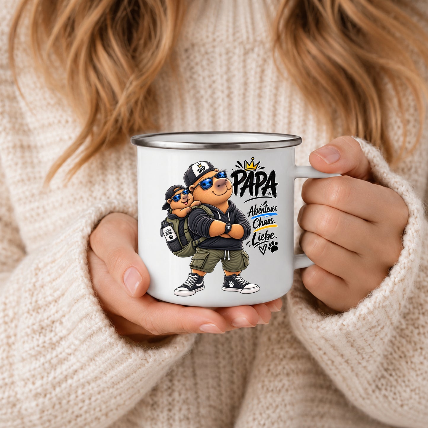 Papa Emaille Tasse als Geschenk zum Vatertag oder Geburtstag mit liebevollem Vater-Kind-Design