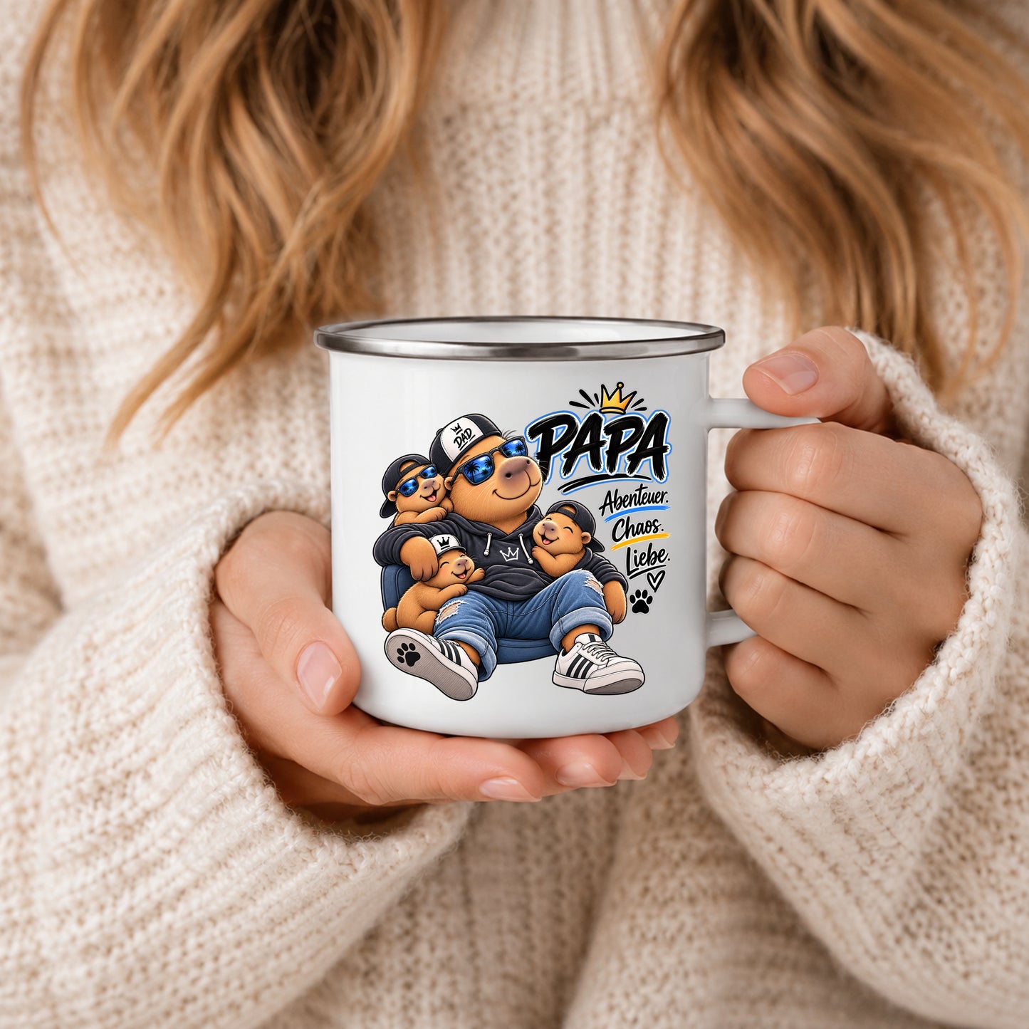 Papa Emaille Tasse mit Abenteuer Chaos Liebe Motiv – Geschenk von Kindern für Papa