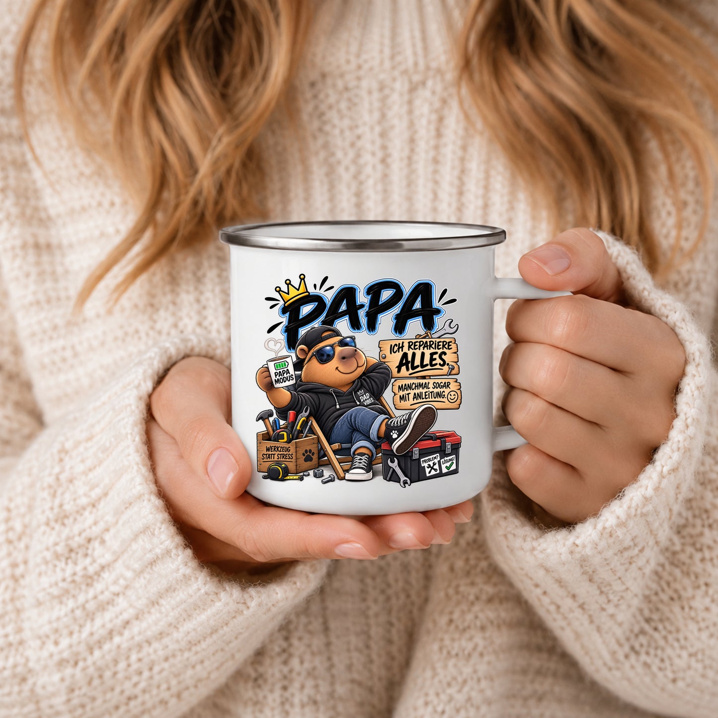 Papa Emaille Tasse mit Handwerker Motiv und lustigem Spruch – Geschenkidee für Väter