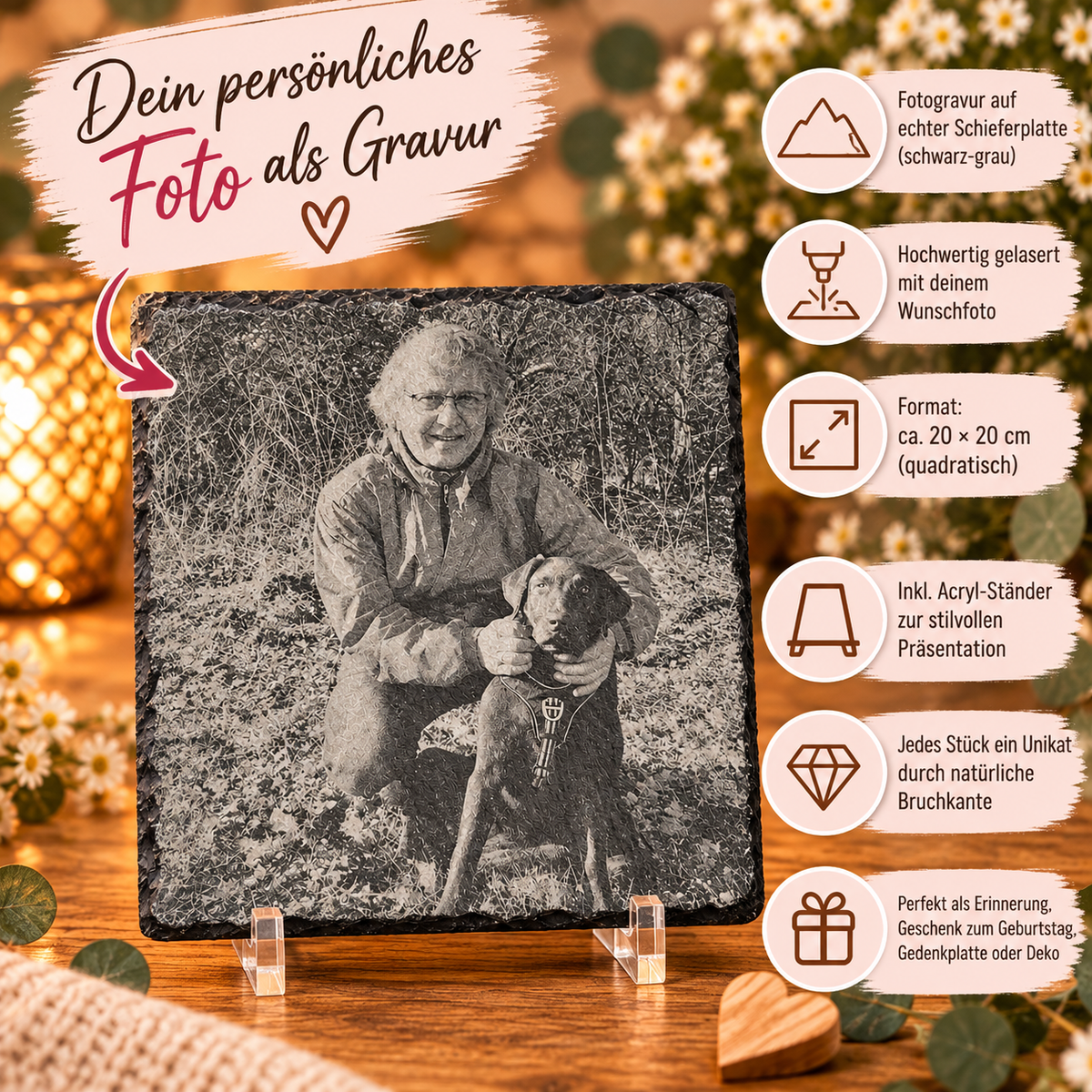 Schieferplatte mit Fotogravur – personalisiertes Erinnerungsstück mit Bild