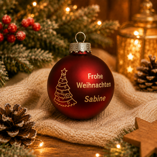 Personalisierte LED Weihnachtskugel mit Weihnachtsbaum Motiv Frohe Weihnachten und Wunschname als Geschenk