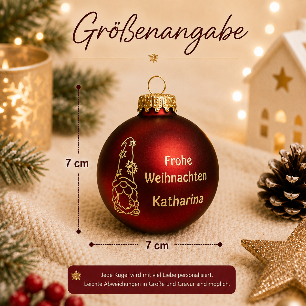 Personalisierte Weihnachtskugel 7 cm aus rotem Glas mit Wichtel Frohe Weihnachten und Wunschname