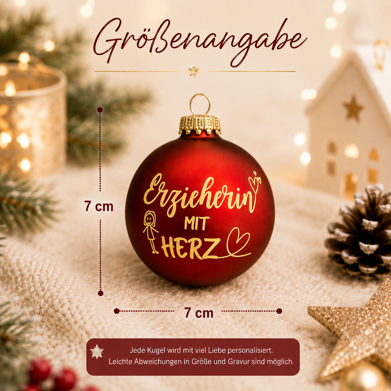 Personalisierte Weihnachtskugel Erzieherin mit Herz aus rotem Glas mit LED Beleuchtung und 7 cm Größe