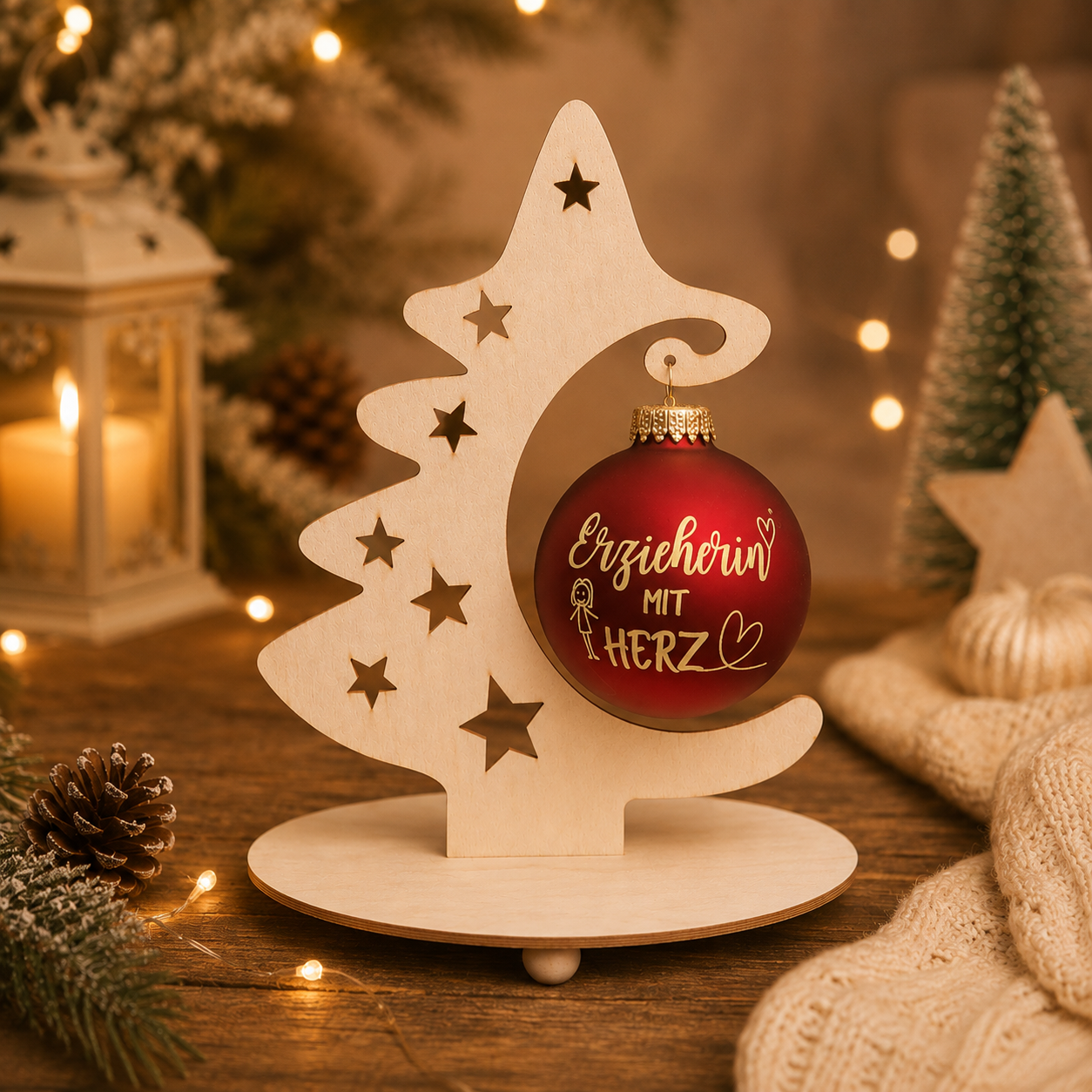 Personalisierte Weihnachtskugel für Erzieherin mit Herz in weihnachtlicher Dekoration als Geschenkidee