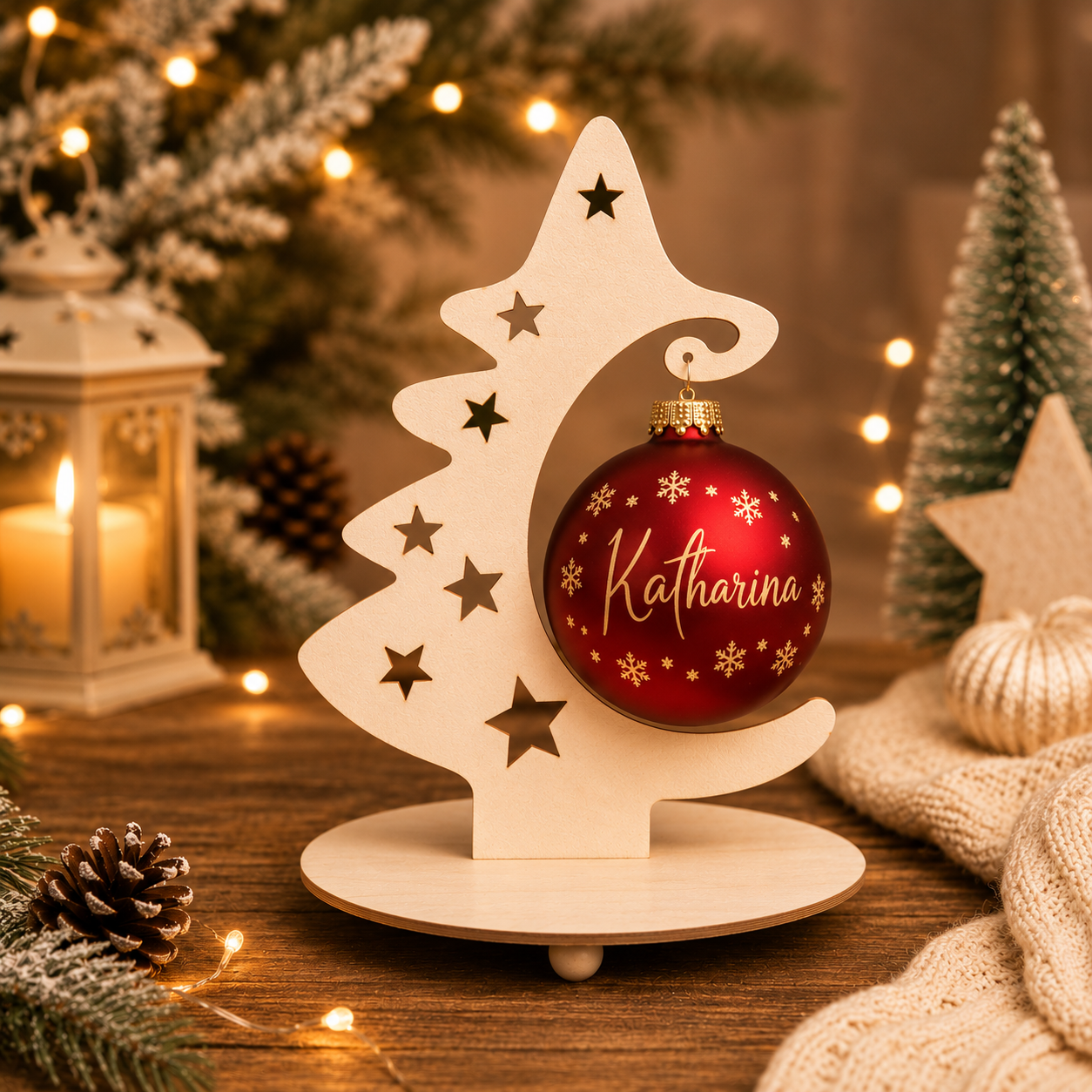 Personalisierte Weihnachtskugel mit Namen und Schneeflocken im weihnachtlichen Holzständer