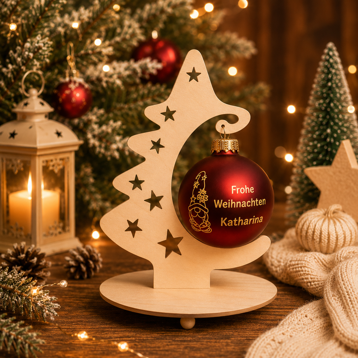 Personalisierte Weihnachtskugel mit Namen und Wichtel im dekorativen Weihnachtsbaum Holzständer