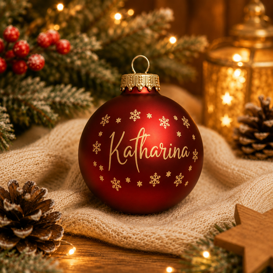Personalisierte rote LED Weihnachtskugel mit Namen und Schneeflocken als Weihnachtsgeschenk