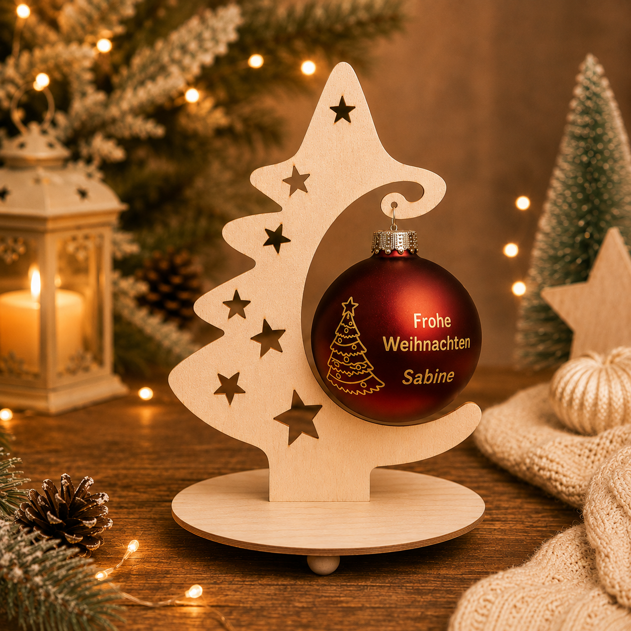 Personalisierte rote Weihnachtskugel mit Namen Sabine und Weihnachtsbaum im dekorativen Holzständer