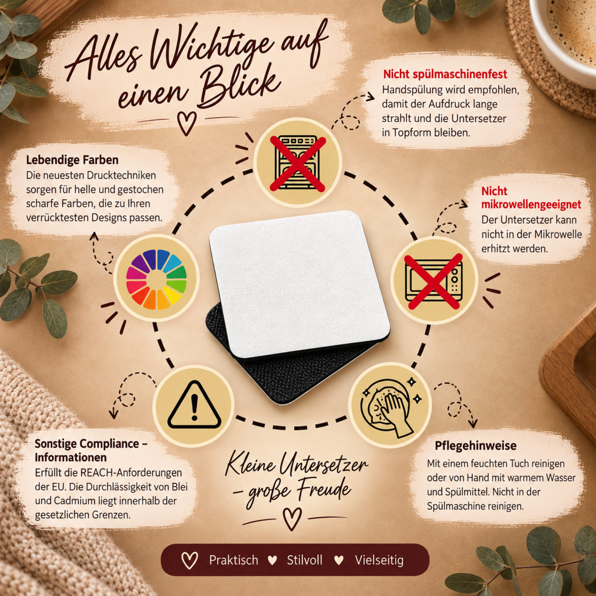 Pflegehinweise für Tassenuntersetzer mit Möwenmotiv und rutschfester schwarzer Unterseite