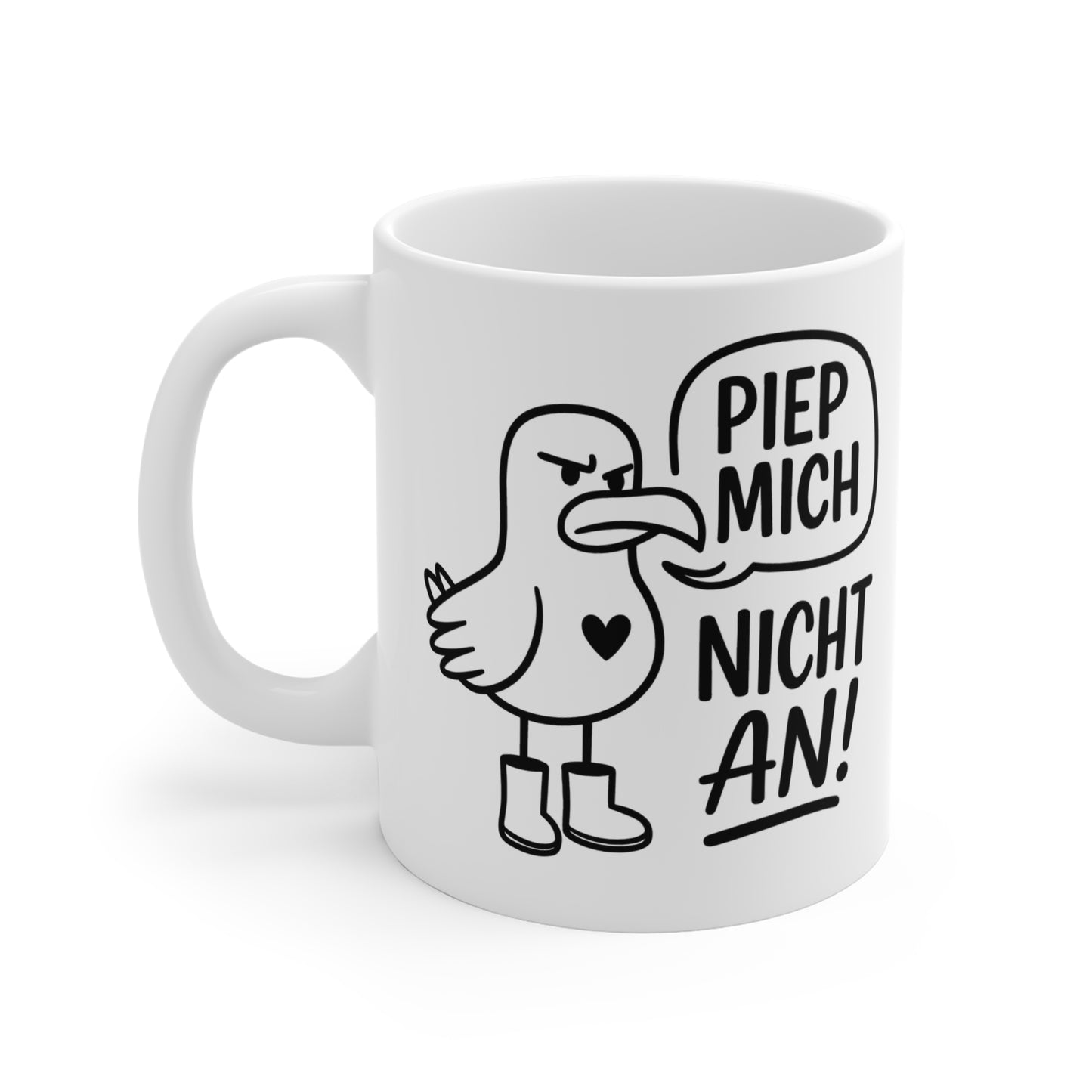 Weiße Keramiktasse mit genervter Möwe, Herzsymbol und Spruch „Piep mich nicht an!“