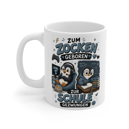Lustige Gamer Tasse mit Pinguin, Controller, Headset, Snacks und Schulmotiv für Schüler und Gaming Fans