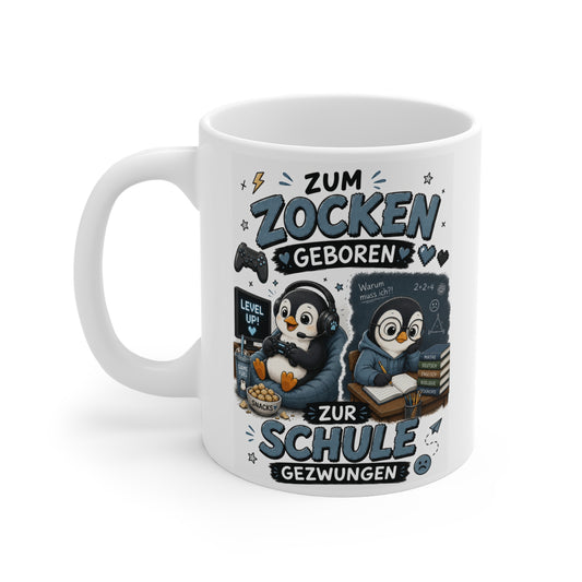 Lustige Gamer Tasse mit Pinguin, Controller, Headset, Snacks und Schulmotiv für Schüler und Gaming Fans