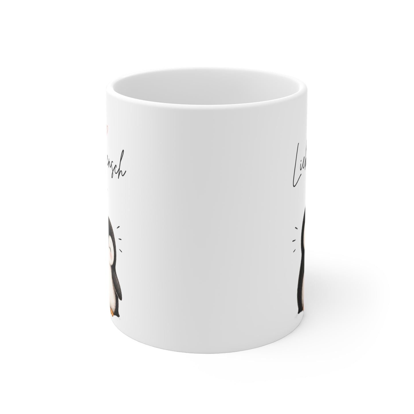 Rundumansicht der Tasse mit liebevollem Pärchen-Pinguin Motiv