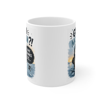Rundum bedruckte Keramiktasse mit sarkastischem Morgenmuffel Spruch und Winterdesign