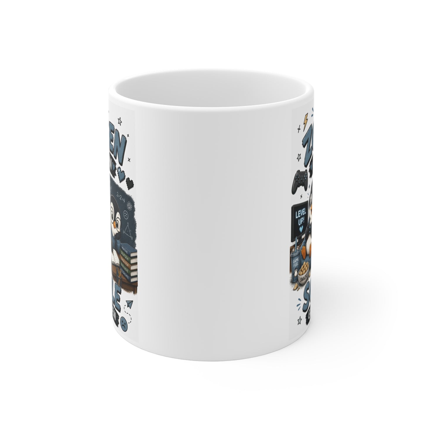 Rundum bedruckte Pinguin Gaming Tasse mit hochwertigem Druck und blauem Schriftzug