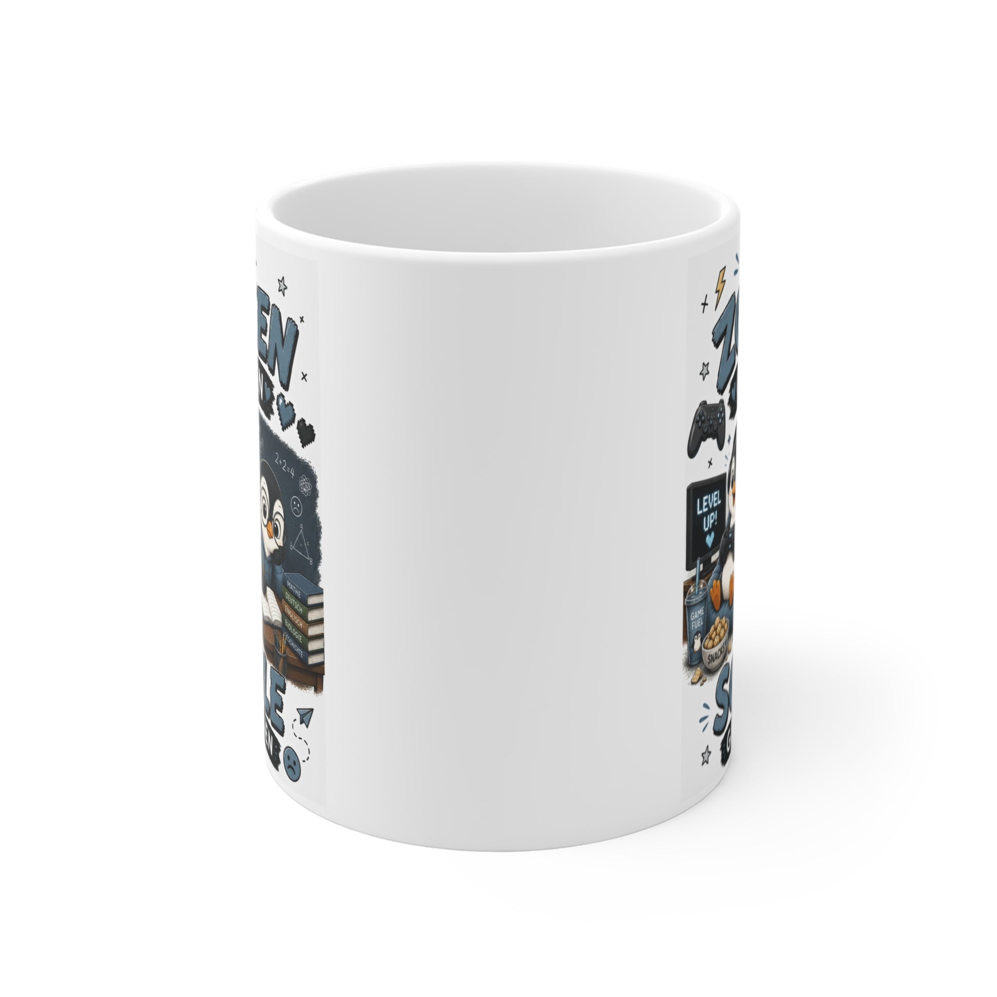 Rundum bedruckte Pinguin Gaming Tasse mit hochwertigem Druck und blauem Schriftzug
