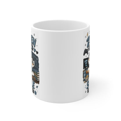 Rundum bedruckte Pinguin Gaming Tasse mit hochwertigem Druck und blauem Schriftzug