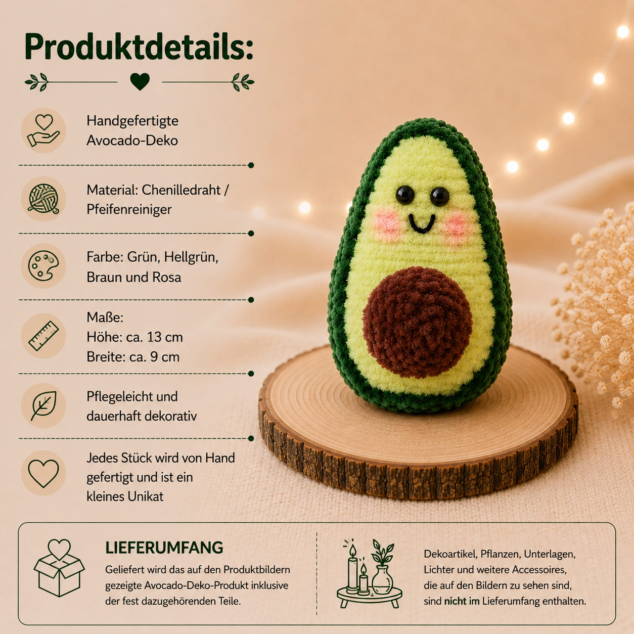 Produktdetails der handgefertigten Avocado-Deko aus Chenilledraht in Grün, Hellgrün, Braun und Rosa