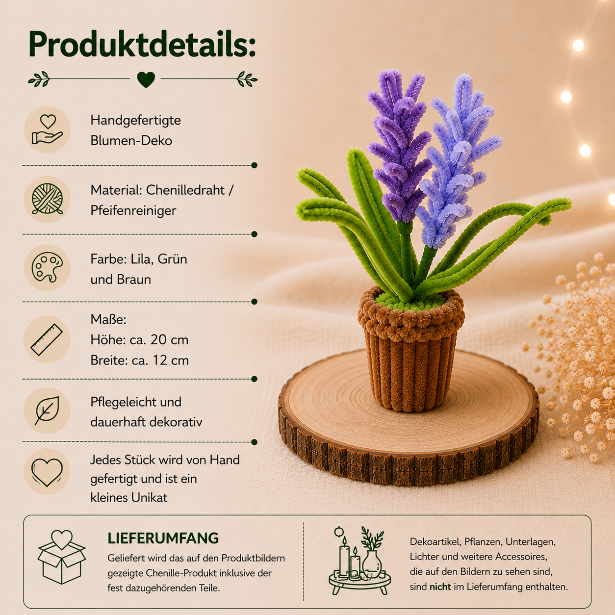 Produktdetails der handgefertigten Lavendel-Deko aus Chenilledraht in Lila, Grün und Braun