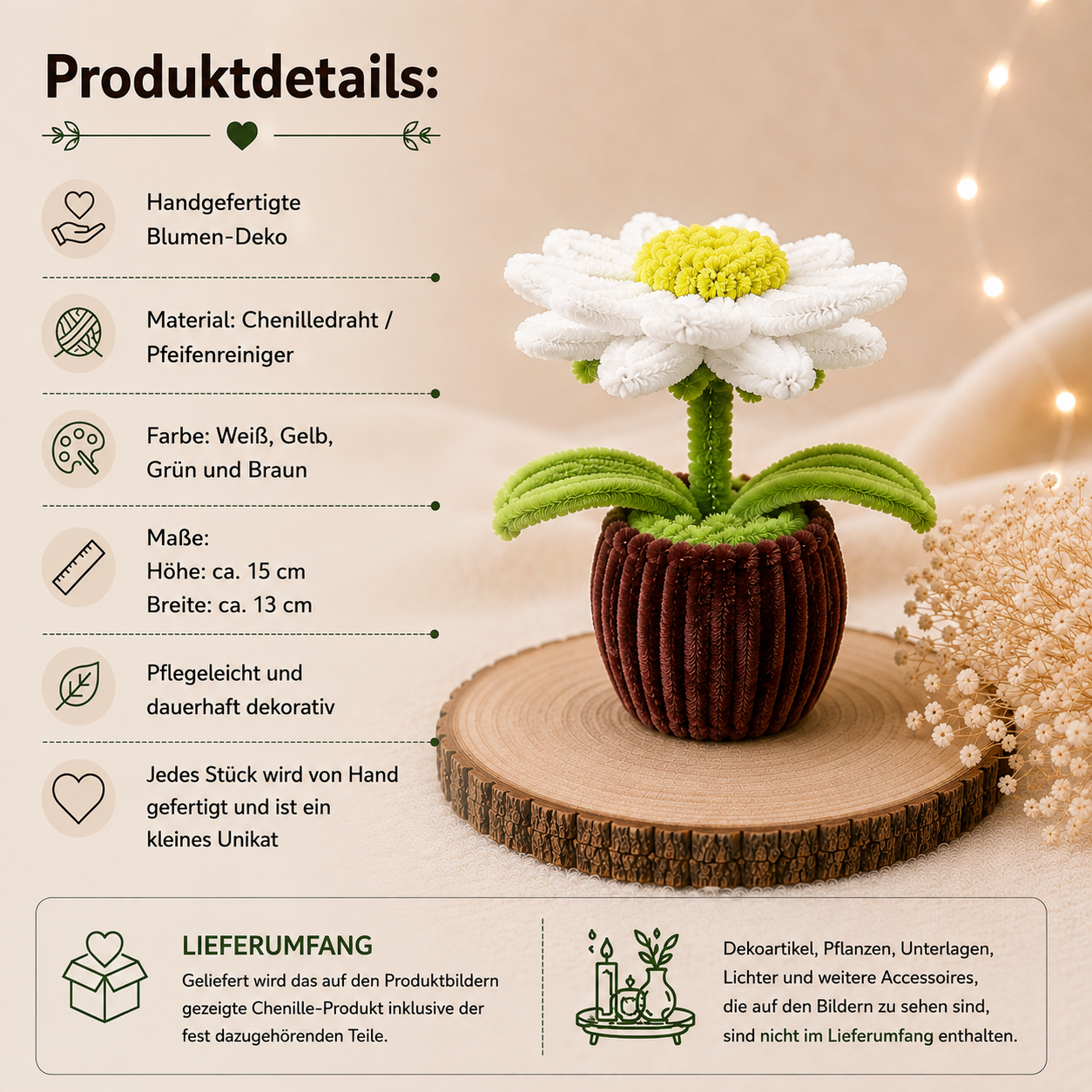 Produktdetails der handgefertigten Margeriten-Deko aus Chenilledraht in Weiß, Gelb, Grün und Braun