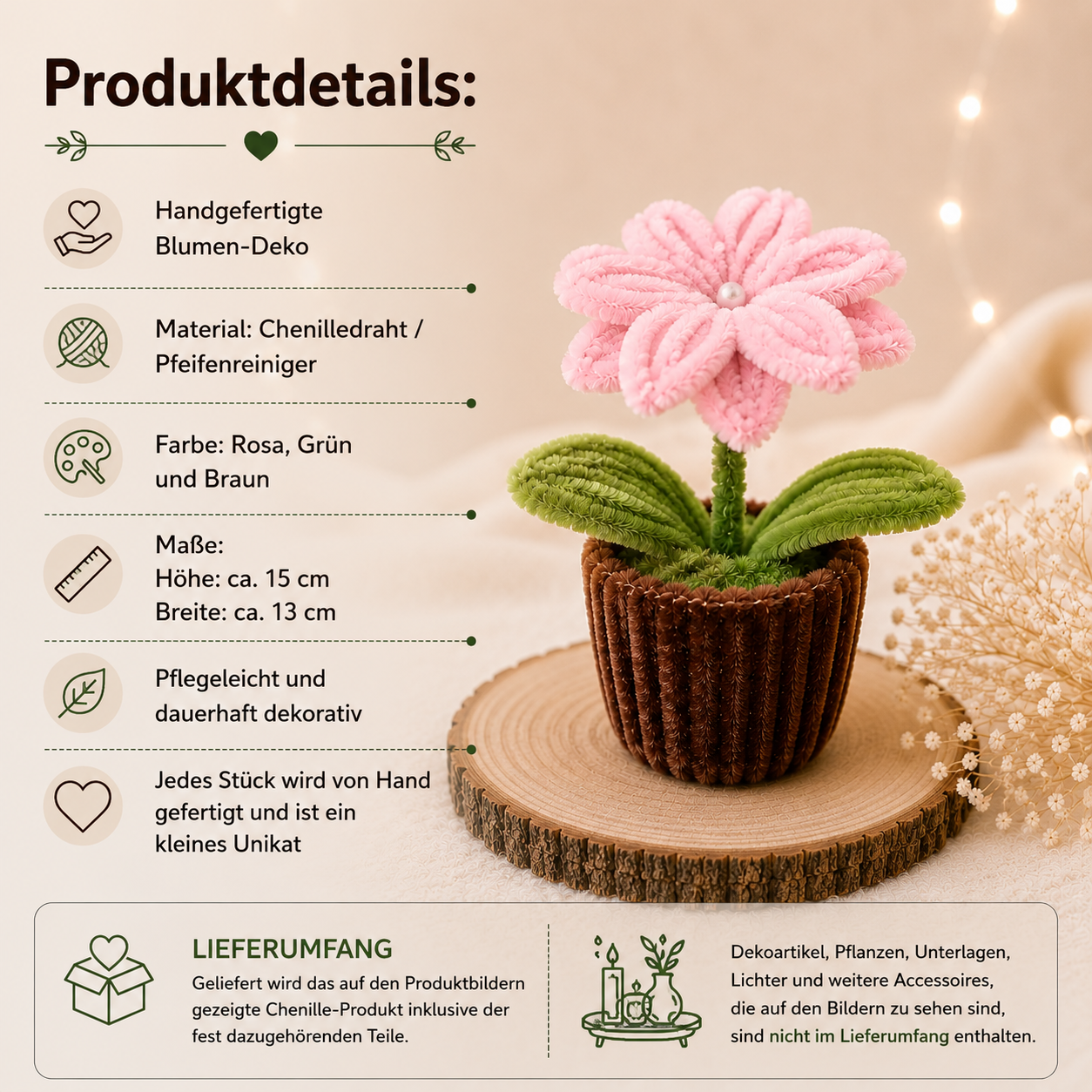 Produktdetails der handgefertigten rosa Blumen-Deko aus Chenilledraht mit grünem Stiel und braunem Topf