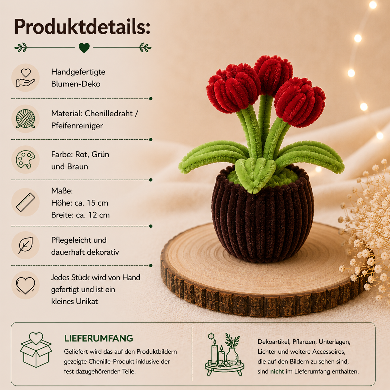 Produktdetails der handgefertigten roten Tulpen-Deko aus Chenilledraht in Rot, Grün und Braun
