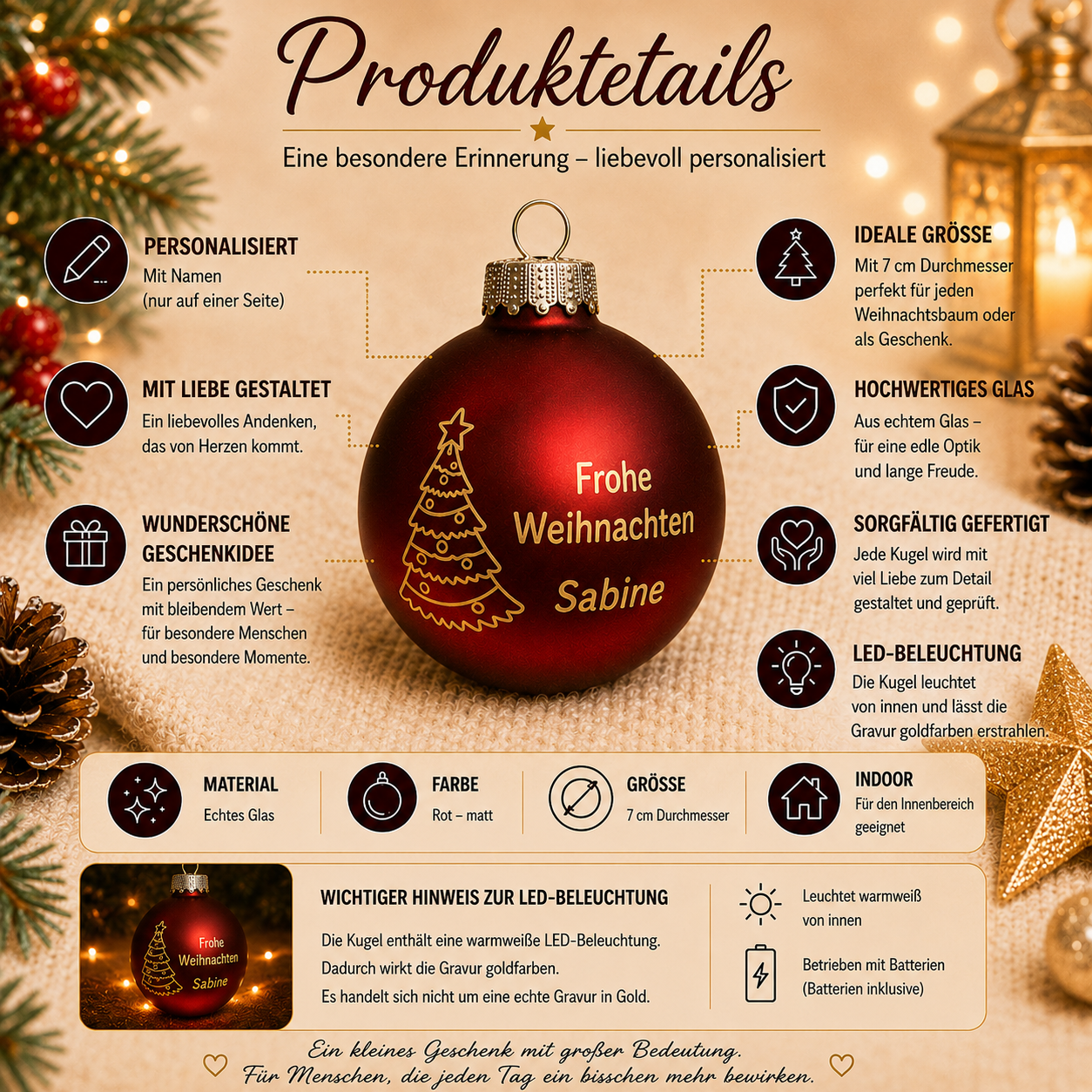 Produktdetails der personalisierten LED Weihnachtskugel aus Glas mit Weihnachtsbaum Motiv und Wunschname