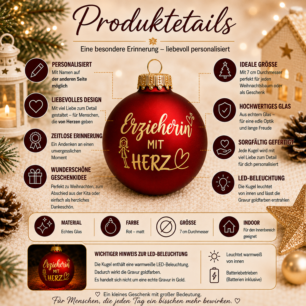 Produktdetails der personalisierten Weihnachtskugel Erzieherin mit Herz aus Glas und warmweißer LED