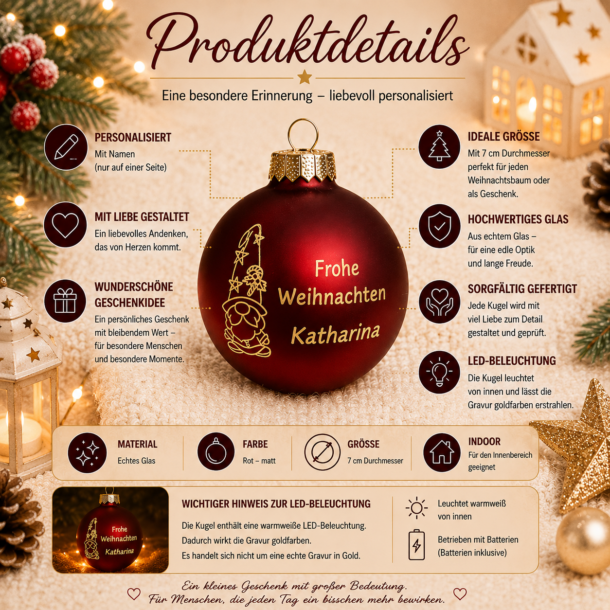 Produktdetails personalisierte Weihnachtskugel aus Glas mit Namen Wichtel und warmweißer LED Beleuchtung