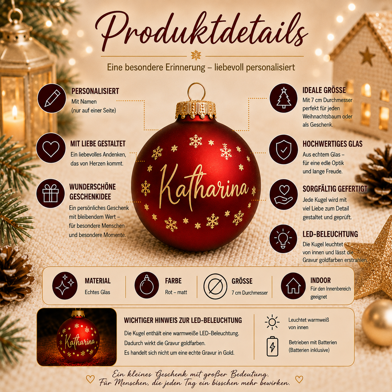 Produktdetails rote personalisierte Weihnachtskugel aus Glas mit Namen LED Beleuchtung und 7 cm Durchmesser