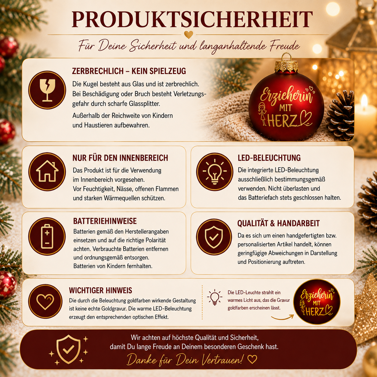 Produktsicherheit der LED Weihnachtskugel aus Glas für Erzieherin mit Hinweisen zur sicheren Verwendung