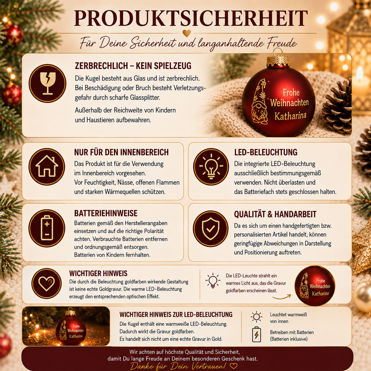 Produktsicherheit der personalisierten LED Weihnachtskugel aus Glas mit Name und Wichtel