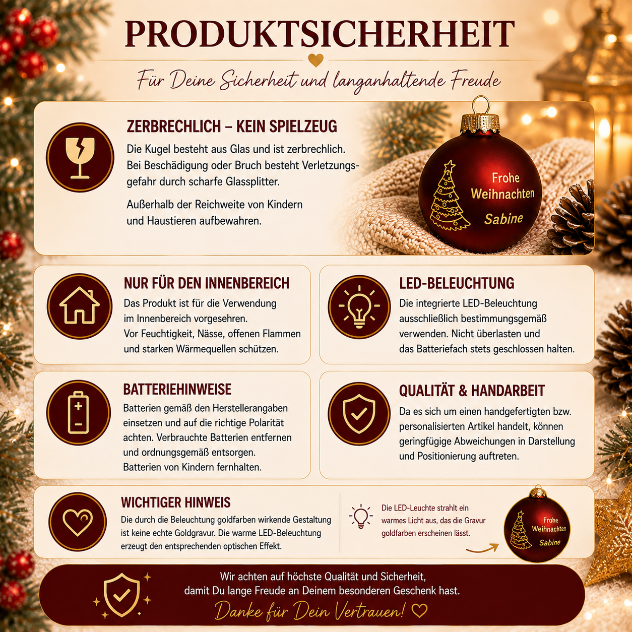 Produktsicherheit für personalisierte rote LED Weihnachtskugel aus Glas mit Namen und Weihnachtsbaum