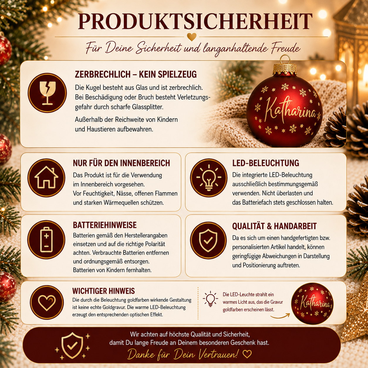 Produktsicherheit personalisierte LED Weihnachtskugel aus Glas mit Namen und Schneeflocken