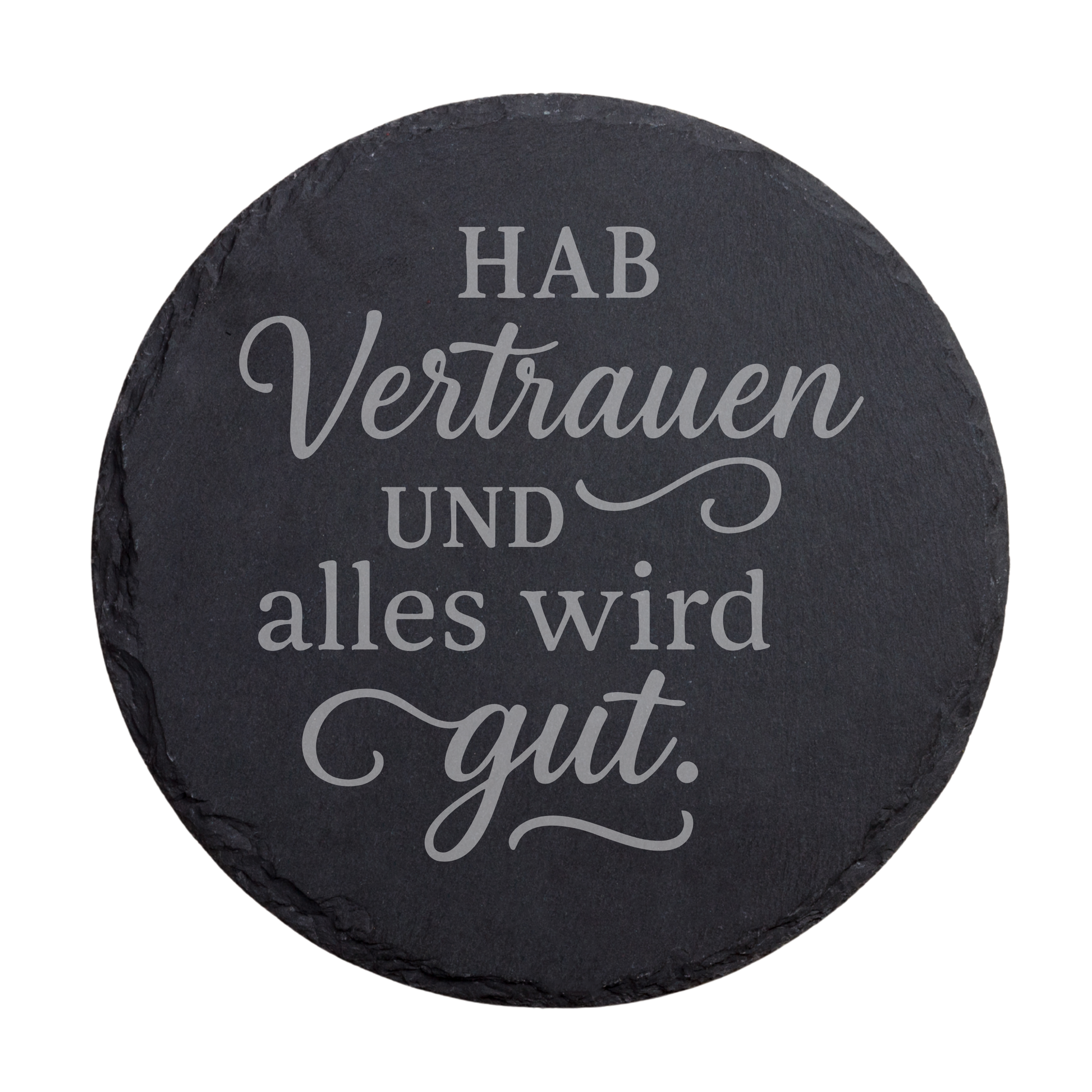 Quadratischer schwarzer Schiefer-Untersetzer mit Motivationsspruch „Hab Vertrauen und alles wird gut“ in eleganter Schrift