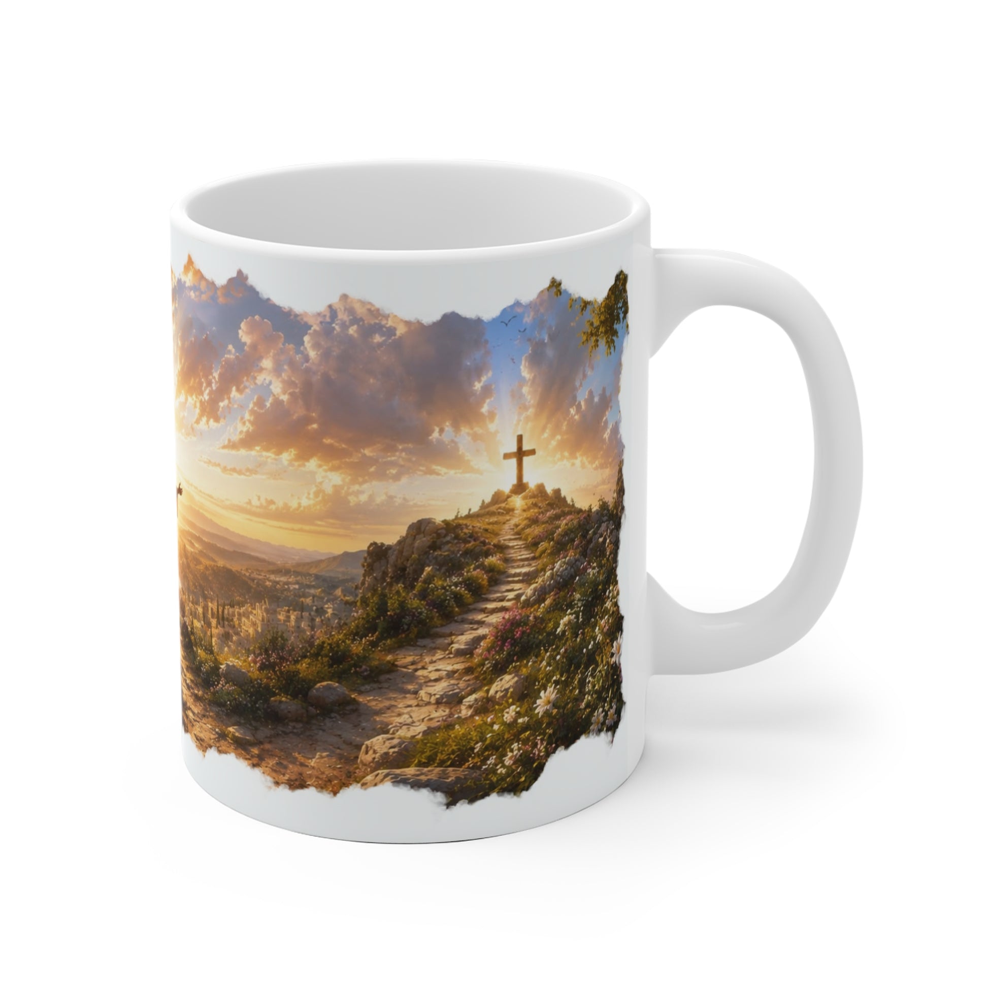 Rechte Ansicht der christlichen Tasse mit Kreuz auf einem Bergweg, Sonnenuntergang und detailreicher Landschaft