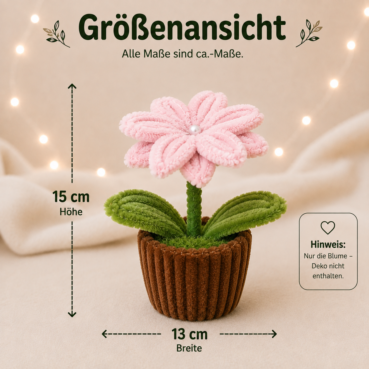 Rosa Blumen-Deko aus Chenilledraht mit ca. 15 cm Höhe und 13 cm Breite