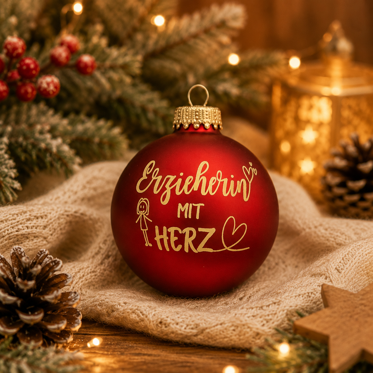 Rote LED Weihnachtskugel Erzieherin mit Herz als persönliches Weihnachtsgeschenk und Dankeschön