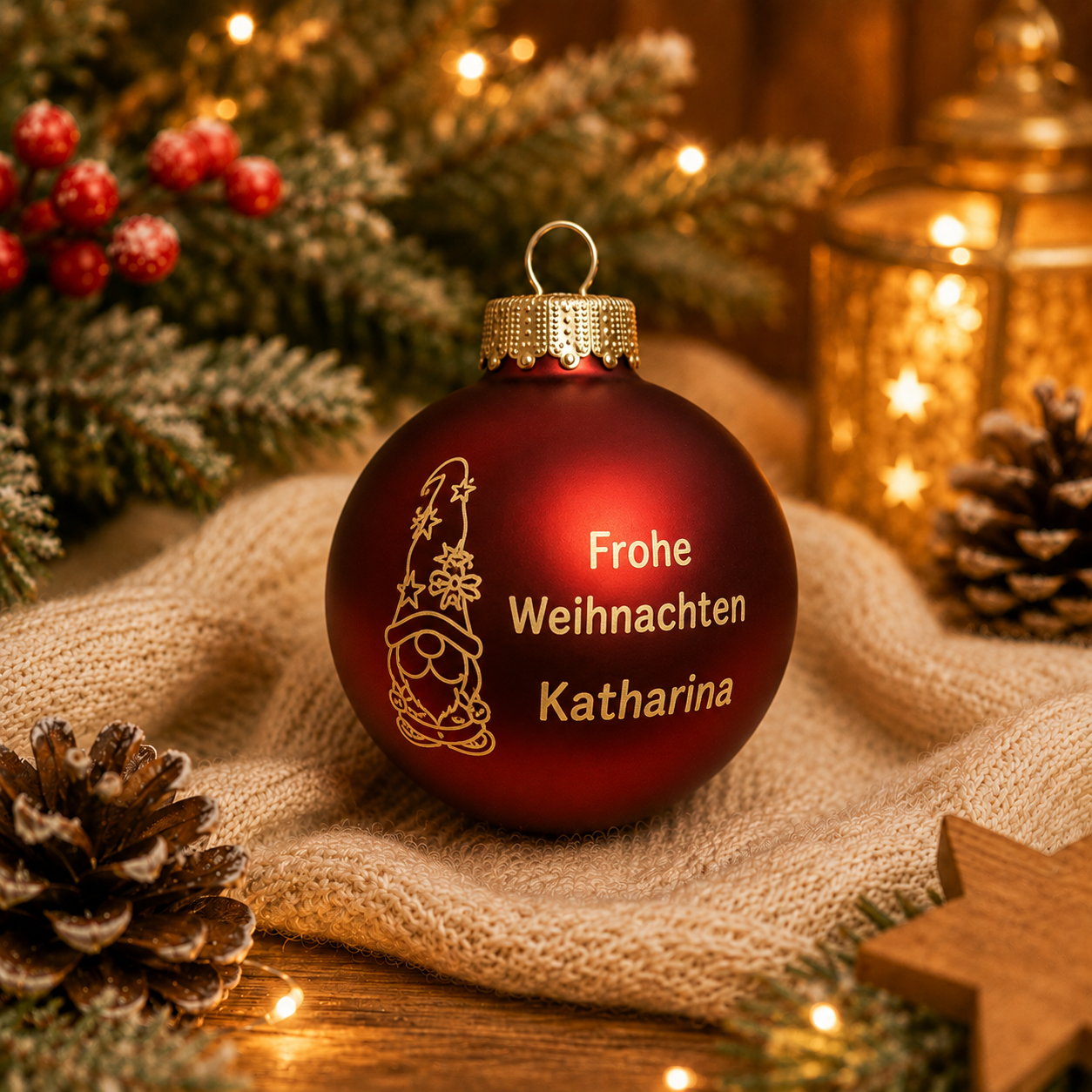 Rote LED Weihnachtskugel mit Wichtel Frohe Weihnachten und personalisiertem Namen als Weihnachtsgeschenk