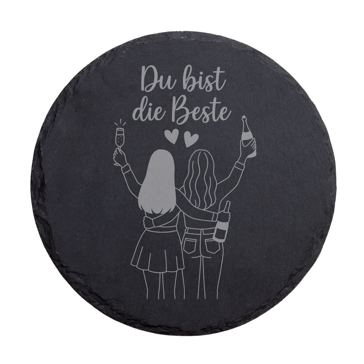 Runder schwarzer Schiefer-Untersetzer mit Schriftzug „Du bist die Beste“ und Freundinnen Motiv