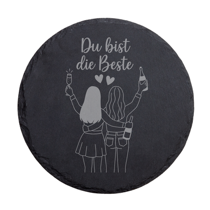 Runder schwarzer Schiefer-Untersetzer mit Schriftzug „Du bist die Beste“ und Freundinnen Motiv