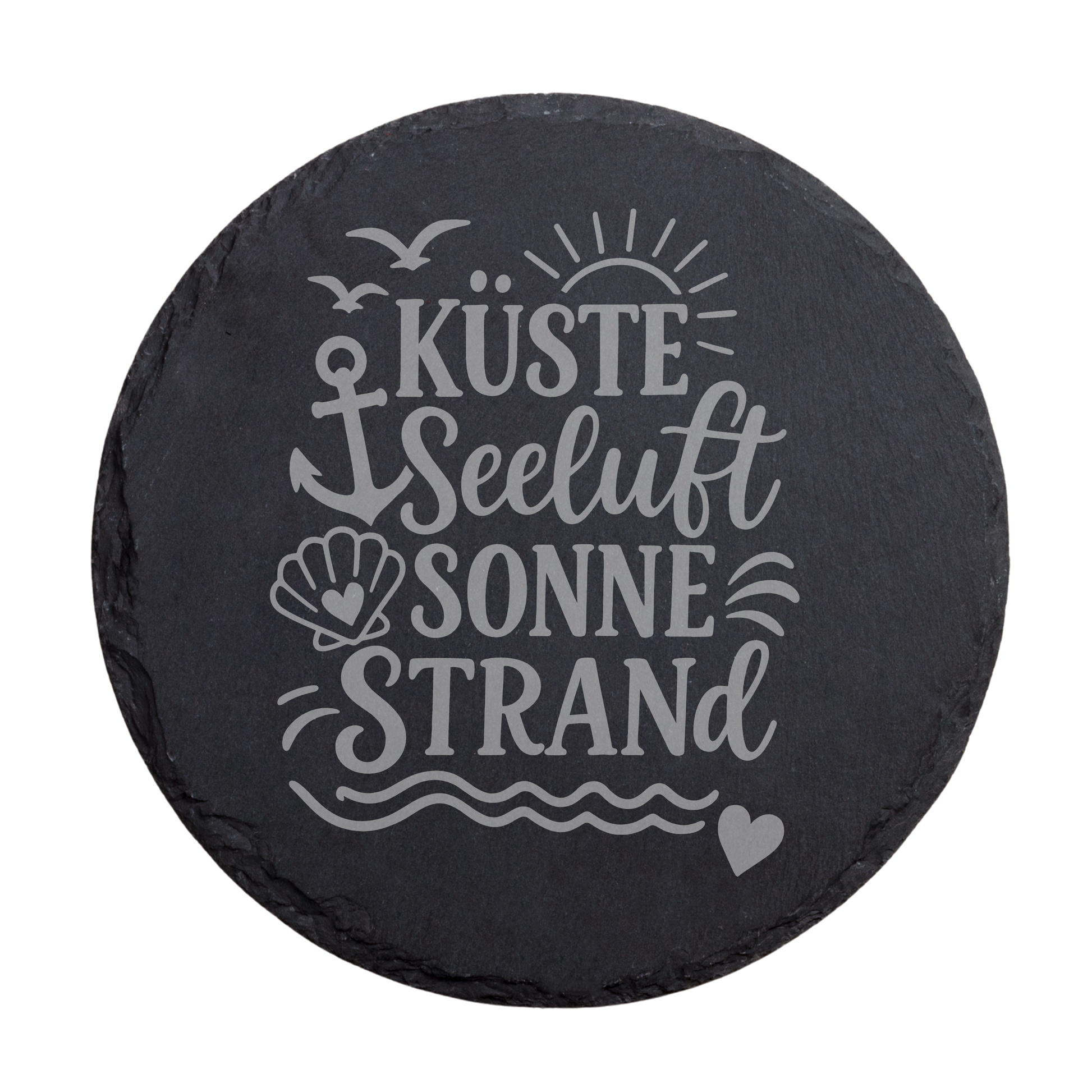 Runder schwarzer Schiefer-Untersetzer mit Schriftzug „Küste Seeluft Sonne Strand“, Sonne, Anker und maritimen Elementen