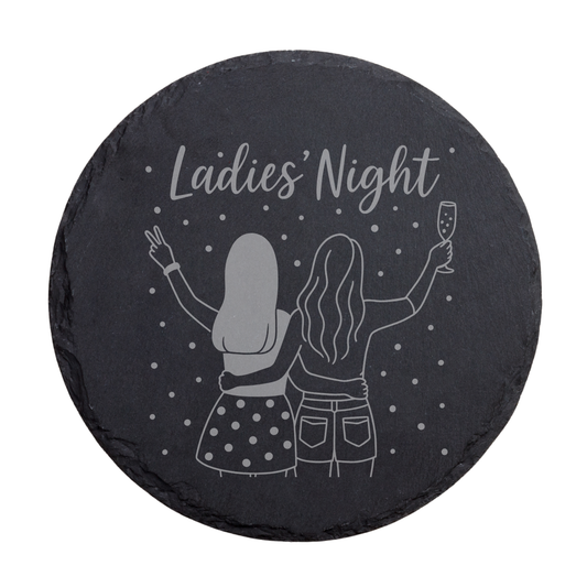 Runder schwarzer Schiefer-Untersetzer mit Schriftzug „Ladies’ Night“ und Party Motiv