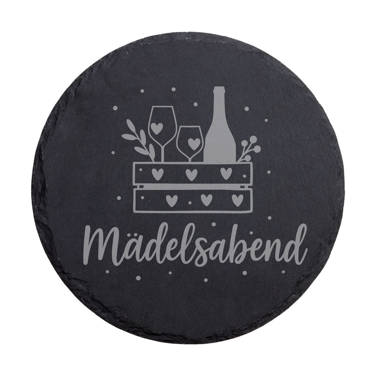 Runder schwarzer Schiefer-Untersetzer mit Schriftzug „Mädelsabend“ und Herz-Moti