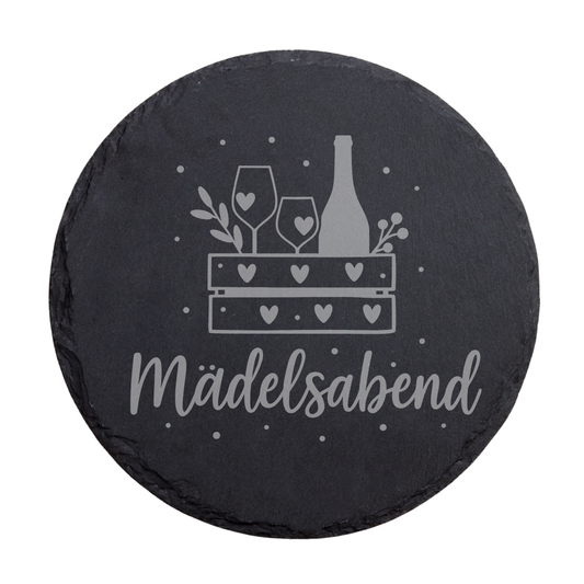 Runder schwarzer Schiefer-Untersetzer mit Schriftzug „Mädelsabend“ und Herz-Moti