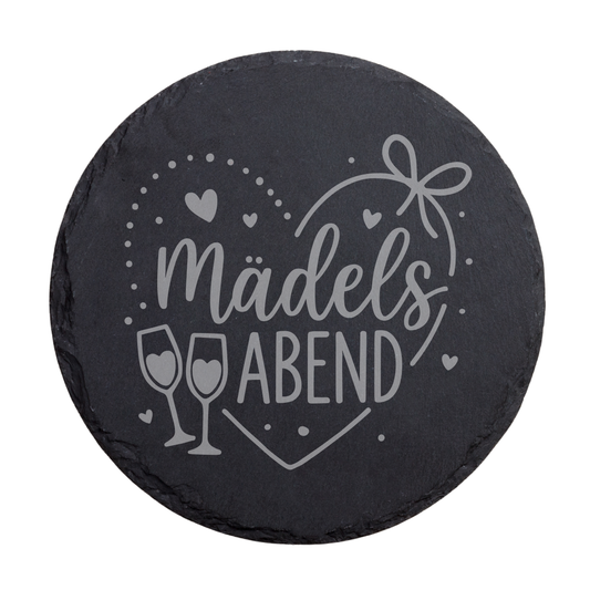 Runder schwarzer Schiefer-Untersetzer mit Schriftzug „Mädelsabend“ und Herz-Motiv