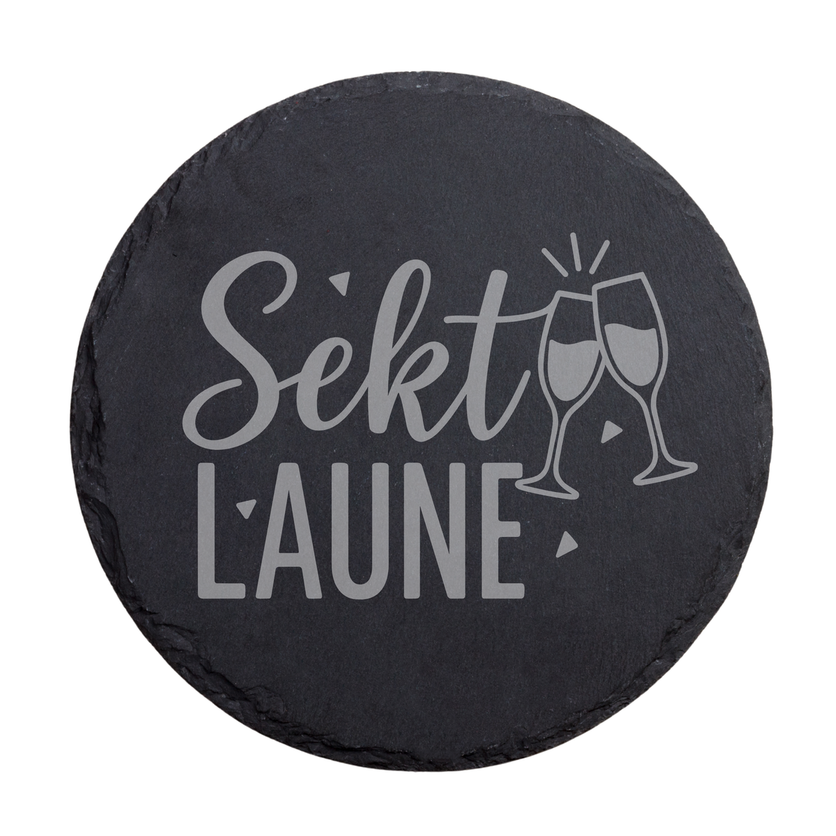 Runder schwarzer Schiefer-Untersetzer mit Schriftzug „Sektlaune“ und Sektglas Motiv
