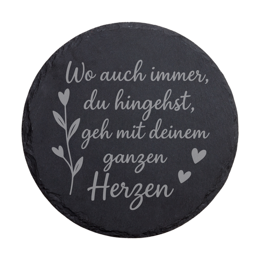 Runder schwarzer Schiefer-Untersetzer mit inspirierendem Herz-Spruch und floraler Illustration